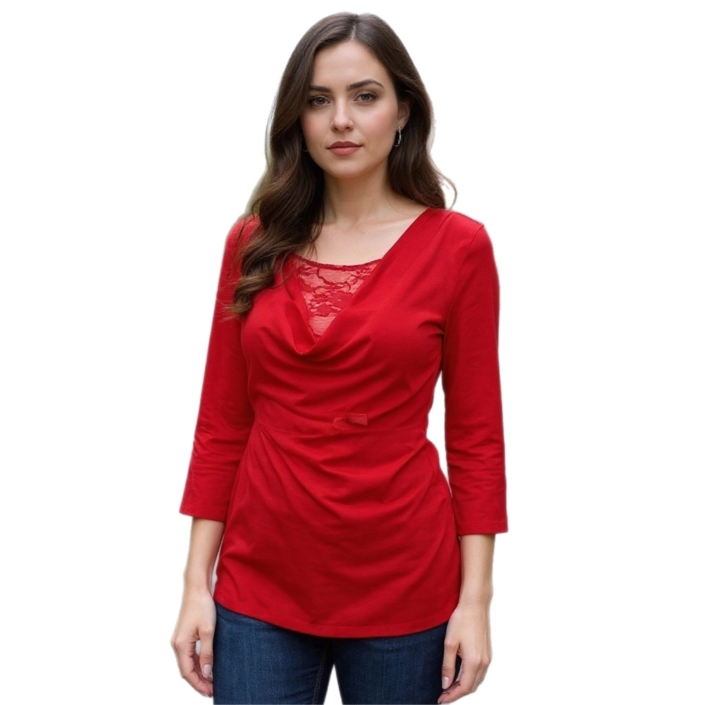 Ashley Blue Red Lace-Trim Cowl Neck Top